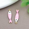Pink and white enamel fish charm with heart tail and gold plated ring for DIY jewelry - Gold Color Pink Striped Fish (T1206)