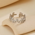 Polished silver leaf pattern hollow open ring in 304 stainless steel for women - Hollow Vine Style 12 / Steel