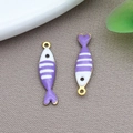 Purple and white striped fish charm in enamel and gold finish for DIY jewelry - Gold Color Purple Striped Fish (T1203)