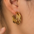 Minimalist 304 stainless steel gold layered hoop earrings for women with triple ring design - Triple Layer Line Stacking (BJGE0701)