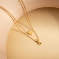 Double-layered gold-plated stainless steel necklace with heart and letter X pendants - Letter X