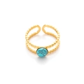 Detalle de anillo de ondas doradas de doble capa con una piedra turquesa redonda - Estilo ajustable abierto / Turquesa