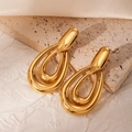 Polished double-layered oval geometric dangle earrings in gold-tone stainless steel - Golden Triple Ellipse Layered Water Drop Earrings (BJGE1033)
