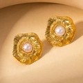 18K gold plated flower stud earrings with radiant hammer texture and pearl centers - Lotus Leaf Pearl Studs (E0741)