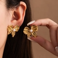 Golden bow stud earrings with white pearls, minimalist vintage style for women - Vintage Metal Bow Pearl Stud (#1012)