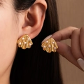 Detailed view of gold-plated shell earrings with embedded white pearls for women - Radial Shell Pearl Stud (#1036)