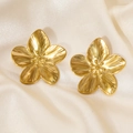 Three-dimensional golden floral stud earrings with radiant brushed metal texture - Brushed Five-Petal Flower Style (#0929)