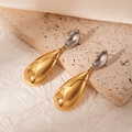 Polished gold and silver teardrop earrings with fluid metal texture on stone surface - Silver Concave with Golden Water Drop Patchwork Earrings (BJGE1048)