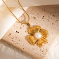 Vintage 18k gold plated stainless steel necklace with pearl flower pendant on stone - Flower Shape (JJN0189)