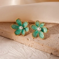 Elegant gold-plated flower stud earrings with mint green marble enamel and pearls - Mint Green Flower (#0988)