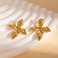 Polished gold stainless steel flower earrings with four-petal leaf design on stone base - Four-leaf Earrings (BJGE1188)