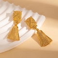 Detailed macro of vintage 18K gold plated heart earrings with textured woven patterns - Metal Tassel Earrings (BJGE1182)