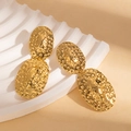 Detail of 18K gold-plated double oval drop earrings with unique hammered texture finish - Oval Earrings (BJGE1186)