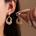 Elegant gold plated stainless steel pearl drop earrings with hammered metal texture - C-Shape Lava Texture Double Pearl Hoop (#1007)