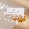 Detailed view of three pairs of gold stainless steel earrings with zircon studs and hoops - Ripple Geometric Style(BJGE1381)