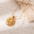 Vintage golden sunburst pendant necklace with face motif and sleek snake chain link - Sun Moon Fusion Face (JJN0050)