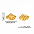 Golden fan-shaped shell earrings with ribbed texture shown with product dimensions - Scallop Earrings (BJGE1325) / 18k Gold Vacuum Plating