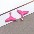 Pair of gold stainless steel whale tail pendants with elegant pink enamel finish - Gold Rose Red