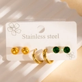 Three-pair set of stainless steel ball studs, hoop earrings, and green gemstone earrings - Green Rhinestone Style (#1356)