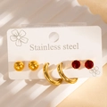 Stainless steel earring set with gold ball studs, hoops and red zircon stones - Red Rhinestone Style (#1358)