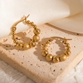 Classic 18k gold plated hoop earrings with polished and frosted beads on travertine stone - Polished & Frosted Beaded Hoop (#1233)