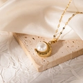 18K gold plated stainless steel necklace with a round pearl and shell pendant - Moon Shell Shape (JJN0092)
