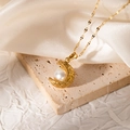 18K gold plated crescent moon pendant necklace with white pearl on hammered texture - Hammered Crescent Moon Shape (JJN0093)