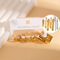 Three pairs of elegant gold stainless steel hoop earrings in a minimalist jewelry set - Round and Rectangular Hoop Set (#1262)