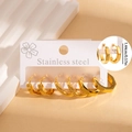 Three-pair set of gold stainless steel stud earrings in smooth, spiral, and hexagonal designs - Hexagon and Textured Hoop Set (#1263)