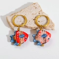 Detailed close-up of handmade enamel koi fish earrings with vibrant ocean-inspired colors - Colorful Striped Fish
