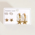 Detailed set of golden stainless steel starfish earrings and zircon studs on card - Gold Hollow Starfish Style (BJGE1456)
