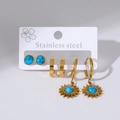 Detailed set of 3 stainless steel earrings including sunflower charms and blue stones - Crack Stone and Sunflower Pendant Set (E0072)