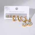 Three-pair golden stainless steel earring set featuring studs and hoops with cubic zirconia - Single Rhinestone Stud and Disc Pendant Earrings Set (E0055)