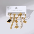 Close-up of a 5-piece gold stainless steel earring set with heart and star charms - Black Rectangular Pendant and Tassel Star Earring Set (E0067)