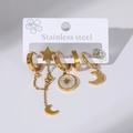 Detailed view of gold stainless steel earring set with heart, star and moon zircon charms - Star Moon Elements and Disc Decor Earring Set (E0061)