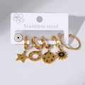Detailed set of gold stainless steel earrings and ring featuring celestial sun and star charms - Star Moon Bohemian Pendant Hoop Earrings Set (E0060)
