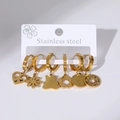 Detailed close-up of a 6-pair gold stainless steel earring set with various heart and sun charms - Heart Petal and Bear Earrings Set (E0063)