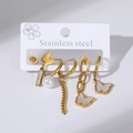 Five-piece gold stainless steel earring set with butterfly shell and pearl charms - Artificial Pearl Butterfly and Shell Drop Earrings Set (E0066)