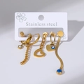 Detail view of five-piece gold stainless steel earring set with heart and sun zircon charms - Evil Eye Heart and Snake Chain Earring Set (E0068)