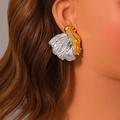Fashionable wrinkled fan-shaped earrings with two-tone gold and silver contrast plating - Gold Silver Two Tone Pleated Fan Statement Earrings (E1692)