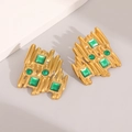 Exaggerated gold textured earrings featuring geometric green gemstones in a modern style - Gold Relief Stripes With Green Gemstone Style (E1678)