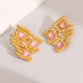 Exaggerated stainless steel matte gold earrings with pink square and round gemstones - Gold Pink Colorblock Streamlined Abstract Style (E1677)