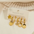6-piece gold stainless steel earring set with heart, star, moon, and cubic zirconia charms - Star Moon Rhinestone Elements Stud Earring Set (E0062)