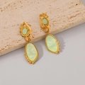 Detail of two-tone gold plated earrings with pale green shell texture on stone base - Gold Mother Of Pearl Texture Oval Drop Style (E1689)
