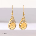 Detailed close-up of gold water-drop earrings with letter L and white zircon stones - Alphabet L Earrings (E1664)