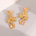 Luxury gold plated earrings with pink gemstones and handcrafted texture for women - Gold Horizontal Texture With Pink Gemstone Style (E1679)