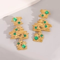 Luxury gold stainless steel drop earrings with abstract layers and green gemstones - Gold Multi Layer Brushed Metal With Green Gemstone Style (E1680)