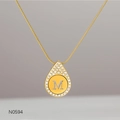 Close-up of golden teardrop necklace pendant with crystal border and M letter detail - Alphabet M Necklace (N0594)