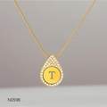 Detail shot of a gold teardrop pendant necklace with sparkling crystal inlay and T letter - Alphabet T Necklace (N0596)