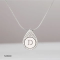 Detailed view of silver teardrop pendant with letter D and sparkling rhinestone halo - Alphabet D Necklace (N0600)